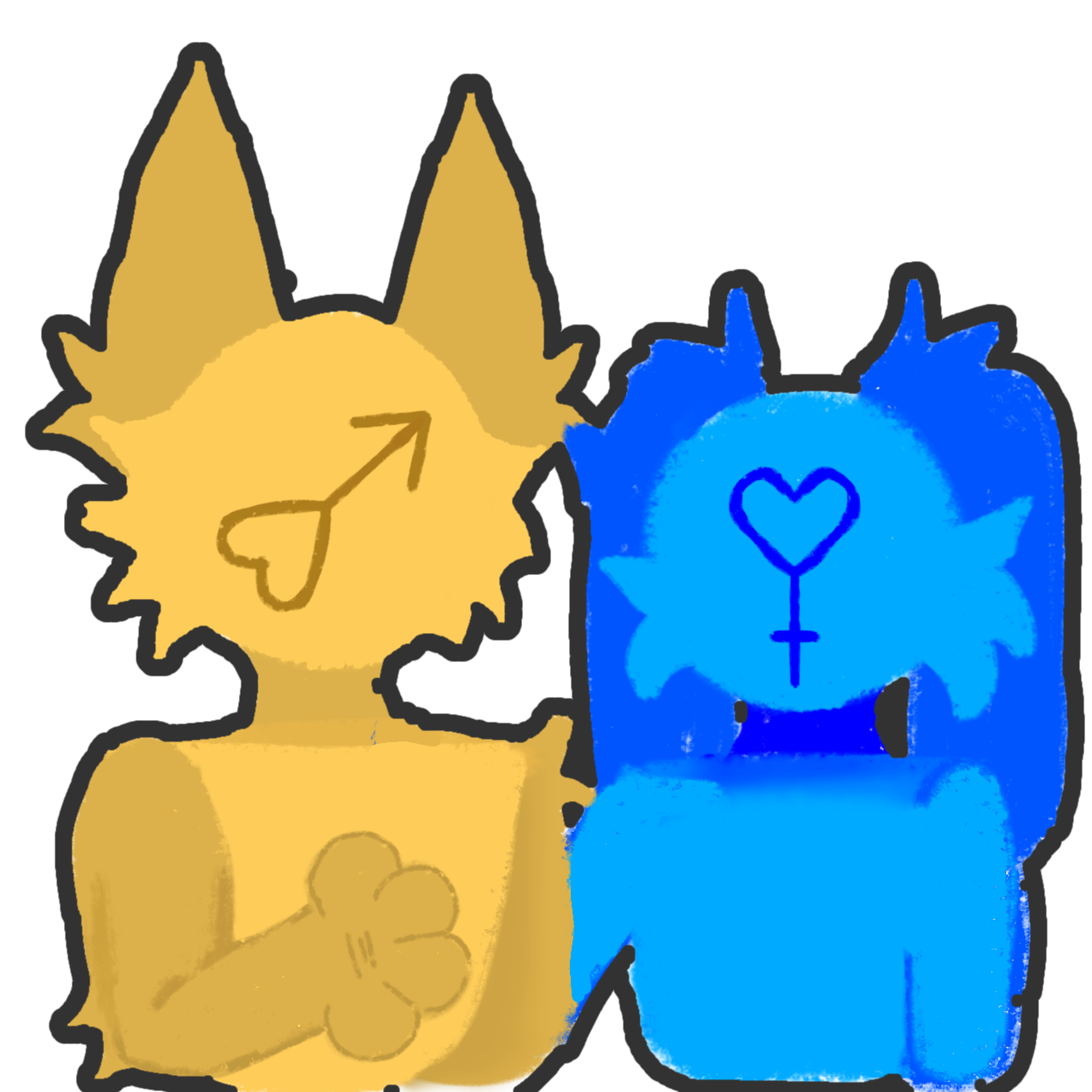 A yellow figure is on the left with anthro wolflike features, the male symbol is on their face made with a heart, next to them is a blue anthro  bunny like figure with floppy ears and the female symbol made with a heart on their face.